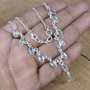 Blue Topaz Sterling Silver Necklace: Marquise Gemstone, November Birthstone