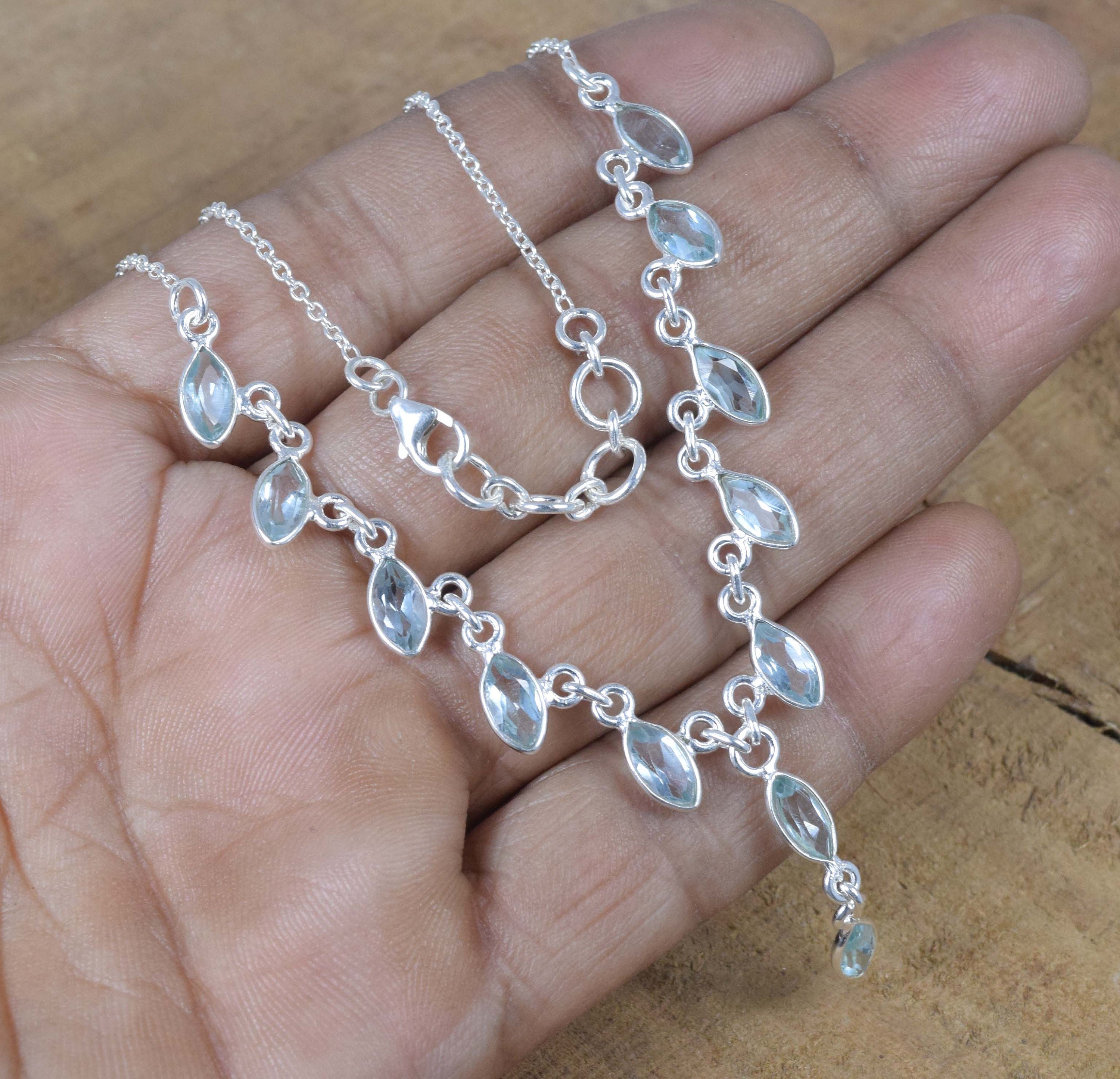 Blue Topaz Sterling Silver Necklace: Marquise Gemstone, November Birthstone Blue Topaz Sterling Silver Necklace: Marquise Gemstone, November Birthstone