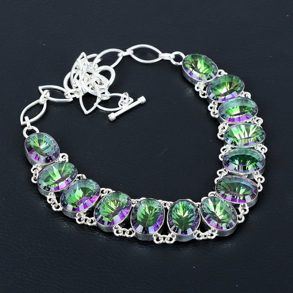 Faceted Rainbow Mystic Topaz Necklace: 925 Sterling Silver, Adjustable