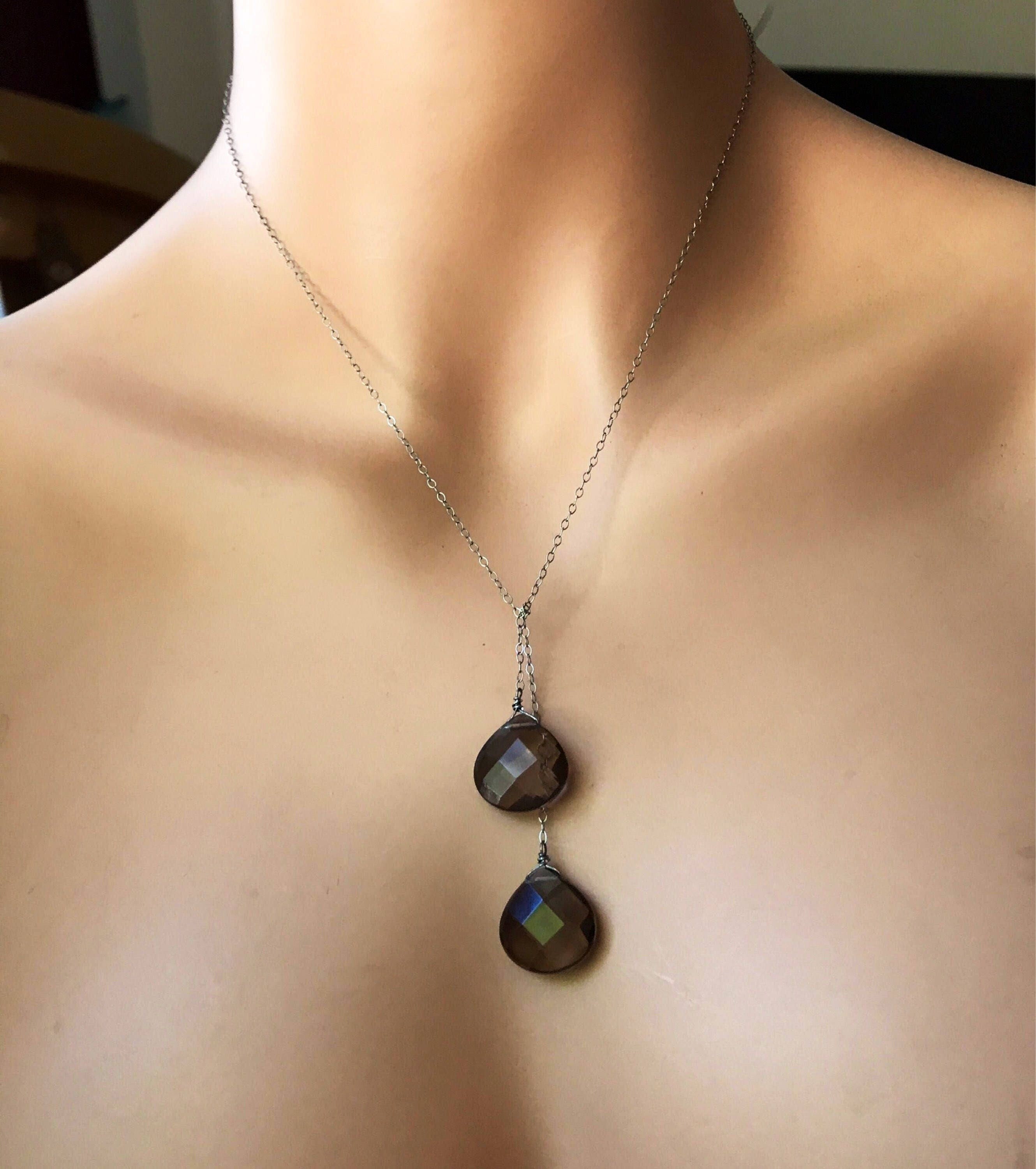 Handmade Smoky Topaz Lariat Necklace: Teardrop Gemstone, Minimalist Style