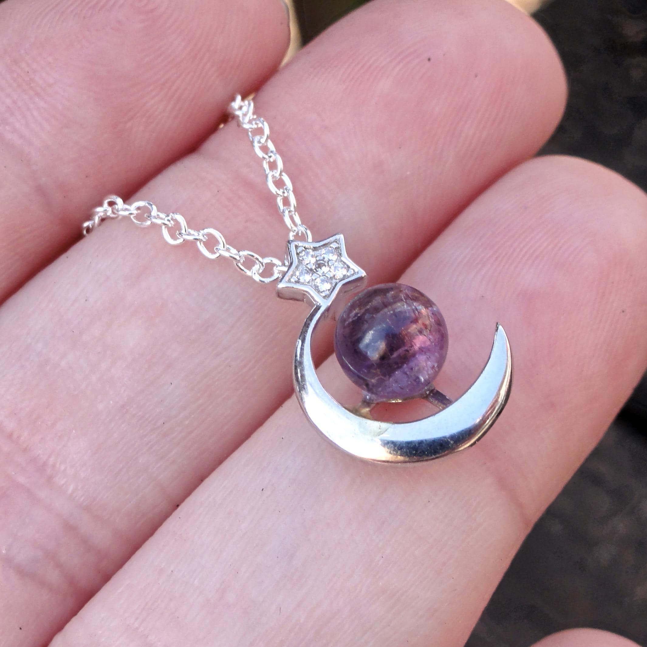 Handmade Sterling Silver Moon & Star Cacoxenite Necklace: White Topaz Gemstone Handmade Sterling Silver Moon & Star Cacoxenite Necklace: White Topaz Gemstone