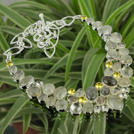 Handmade Sterling Silver Gemstone Necklace: Black Rutile, Lemon Quartz, White Topaz