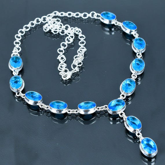 Handmade Swiss Blue Topaz Necklace: 925 Sterling Silver, Adjustable Chain
