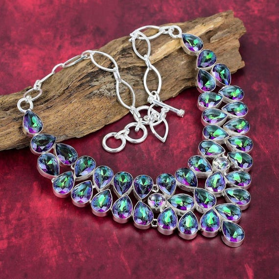 Mystic Topaz Necklace, 925 Sterling Silver Jewelry Gemstone Jewelry, Wedding Jewelry, Adjustable Chain Handmade Necklace Anniversary Gifts
