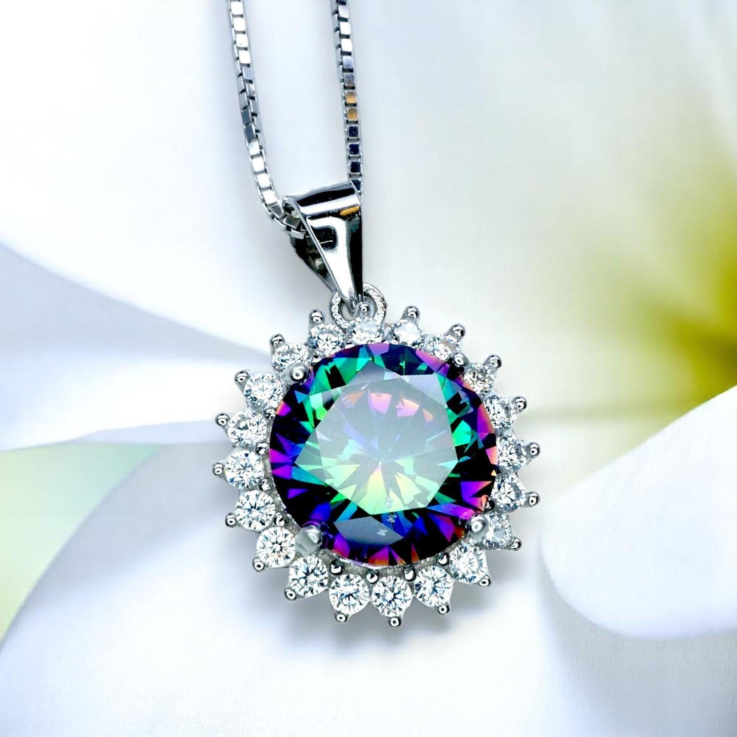 Mystic Topaz Necklace - Gemstone Sunflower Style - White Gold Plated Sterling Silver - Princess Diana Style 10mm Rainbow Topaz Jewelry #363 Mystic Topaz Necklace - Gemstone Sunflower Style - White Gold Plated Sterling Silver - Princess Diana Style 10mm Rainbow Topaz Jewelry #363
