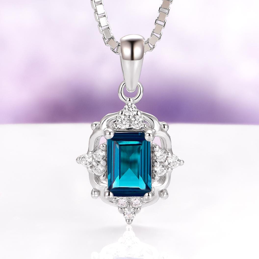 Natural London Blue Topaz Necklace In Sterling Silver- Vintage Art Deco November Birthstone- Petite Emerald Cut Topaz Necklace- Gift For Her