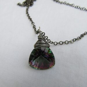 Northern Lights Mystic Topaz, Trillion Cut Briolette, Sterling Silver Wrap, Necklace