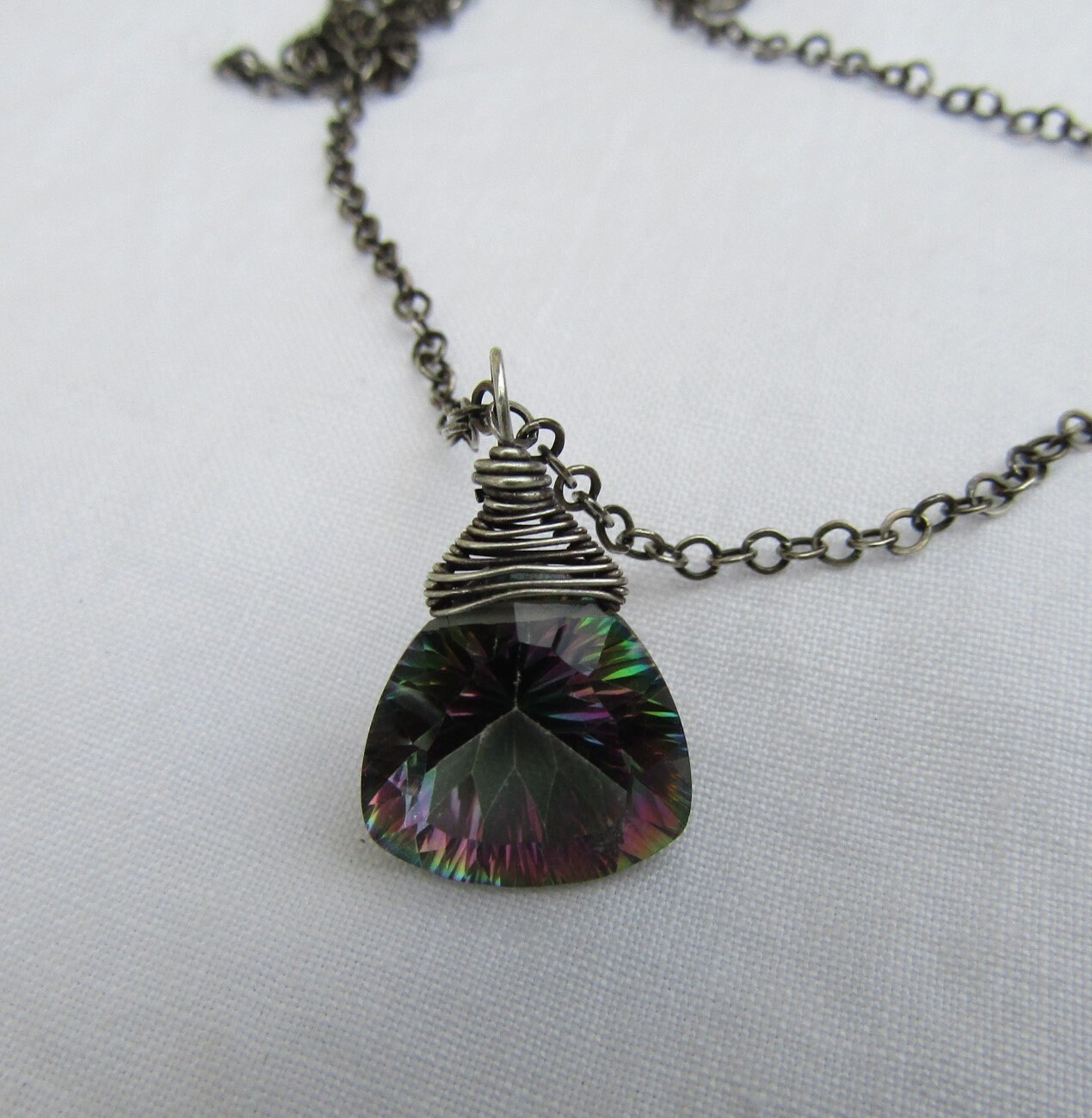 Northern Lights Mystic Topaz, Trillion Cut Briolette, Sterling Silver Wrap, Necklace