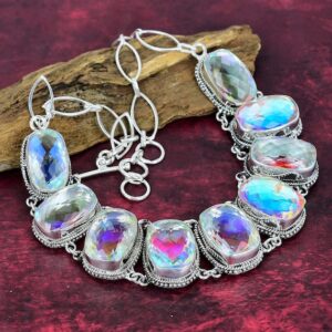 Rainbow Mystic Topaz Necklace, Aurora Mystic Topaz Silver Plated Necklace, Octagon Aura Quartz Necklace, Mercury Topaz Jewelry, Wedding Gift