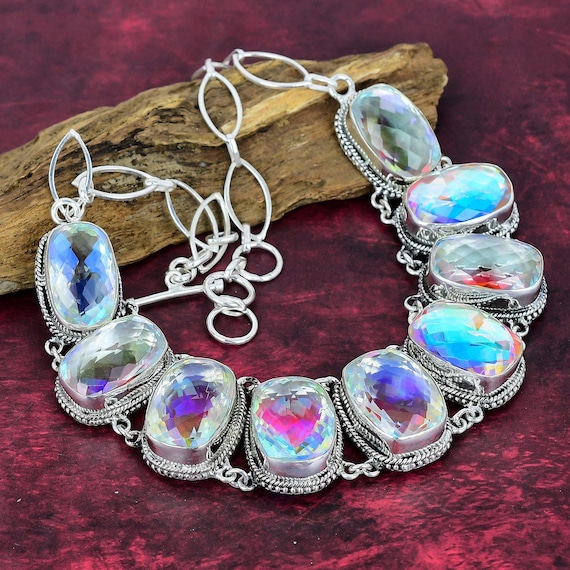 Rainbow Mystic Topaz Necklace, Aurora Mystic Topaz Silver Plated Necklace, Octagon Aura Quartz Necklace, Mercury Topaz Jewelry, Wedding Gift