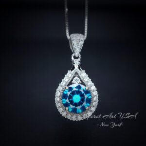 Round Blue Topaz Necklace Sterling Silver Made White Yellow Rose Gold Chain Birthstone Jewelry 291