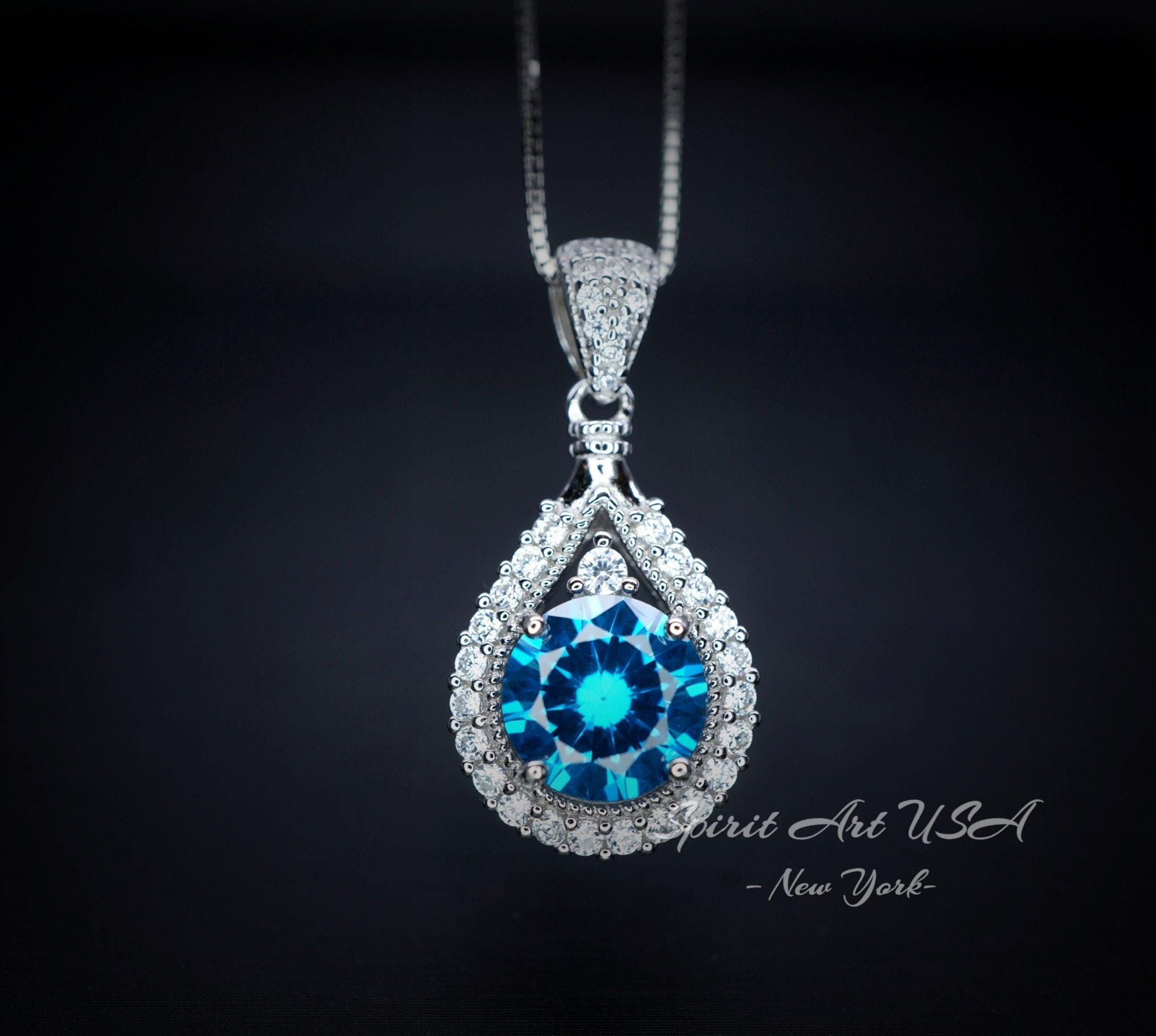 Round Blue Topaz Necklace Sterling Silver Made White Yellow Rose Gold Chain Birthstone Jewelry 291