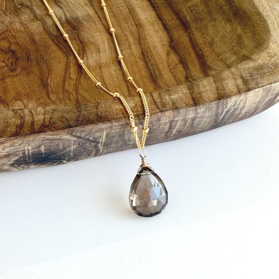 Smokey Topaz Necklace, Brown Faceted Teardrop Layering Necklace On Satellite Chain Gold Or Silver, Neutral Jewelry Gift For Mom