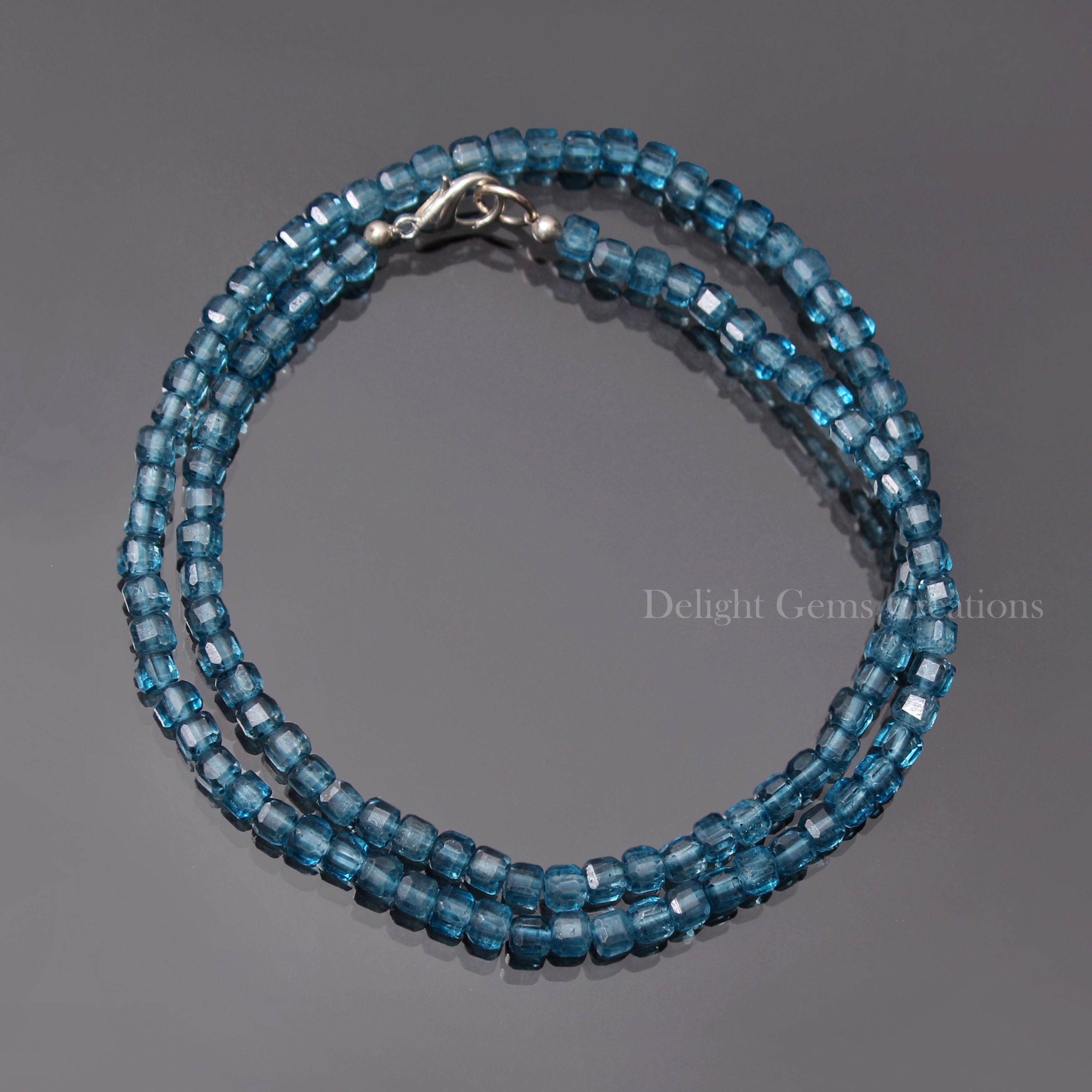 Sparkling Blue London Topaz Beaded Necklace-4mm Faceted Square/box Beads-blue London Topaz Box Necklace, Handmade Square Box Beads Necklace
