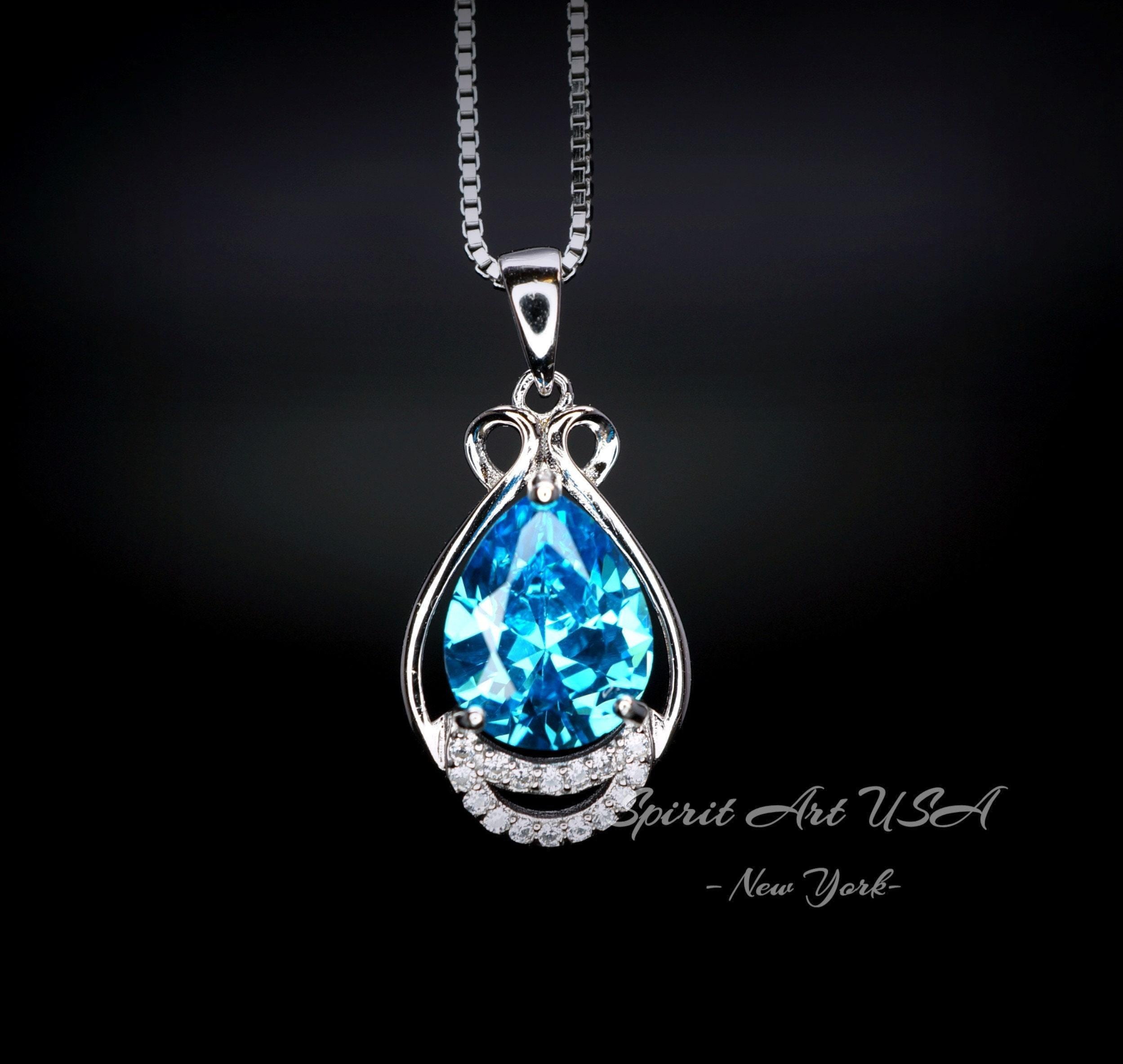 Sterling Silver Teardrop Swiss Blue Topaz Necklace 2.75 Ct Teardrop Sim Gemstone 14k White Gold Plated Birthstone #933