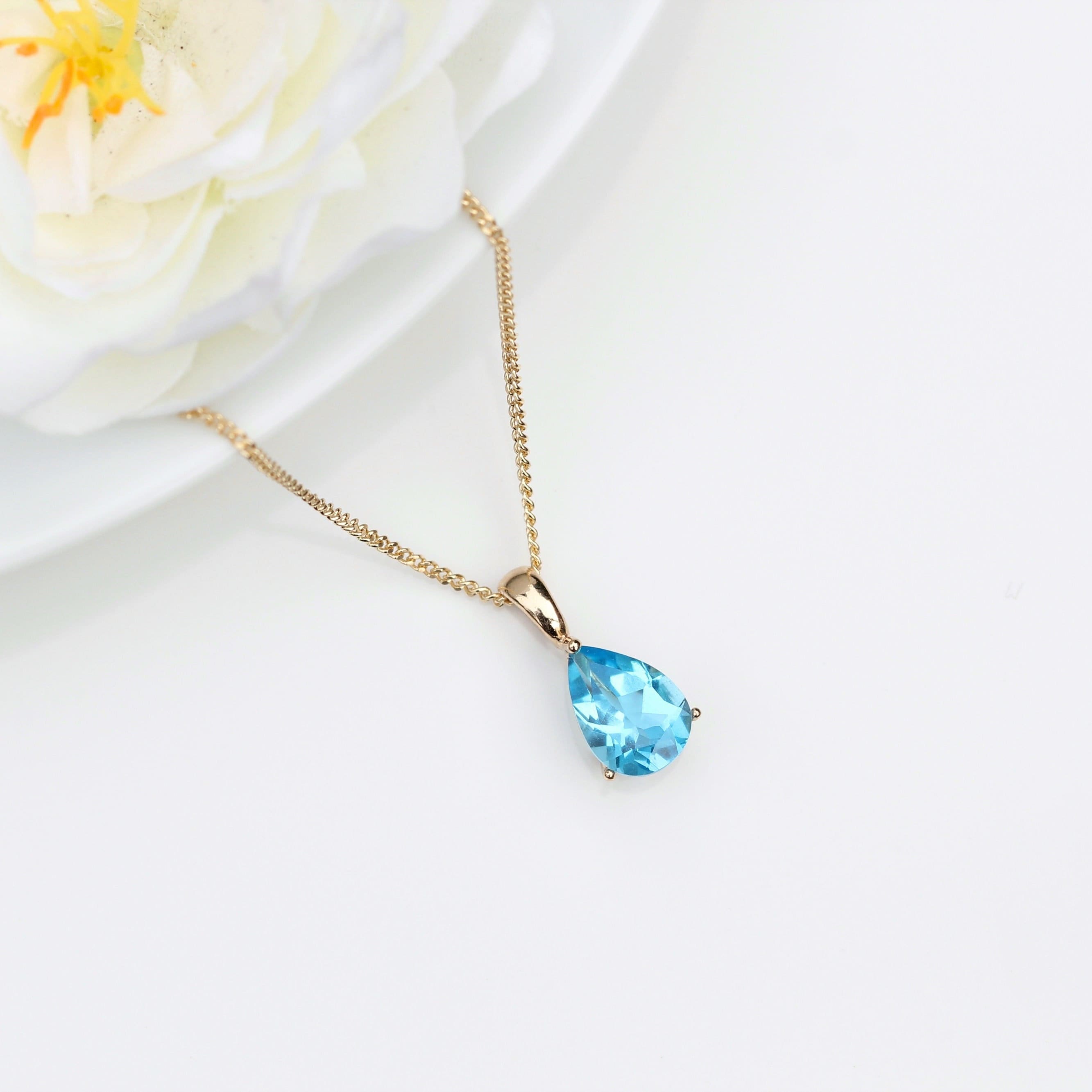Swiss Blue Topaz Teardrop Necklace - 9ct Gold December Birthstone