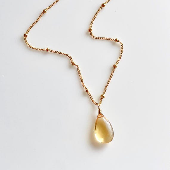 Yellow Topaz Necklace, November Birthstone, Yellow Teardrop Layering Necklace On Satellite Chain In Gold Or Silver, Christmas Gift For Her