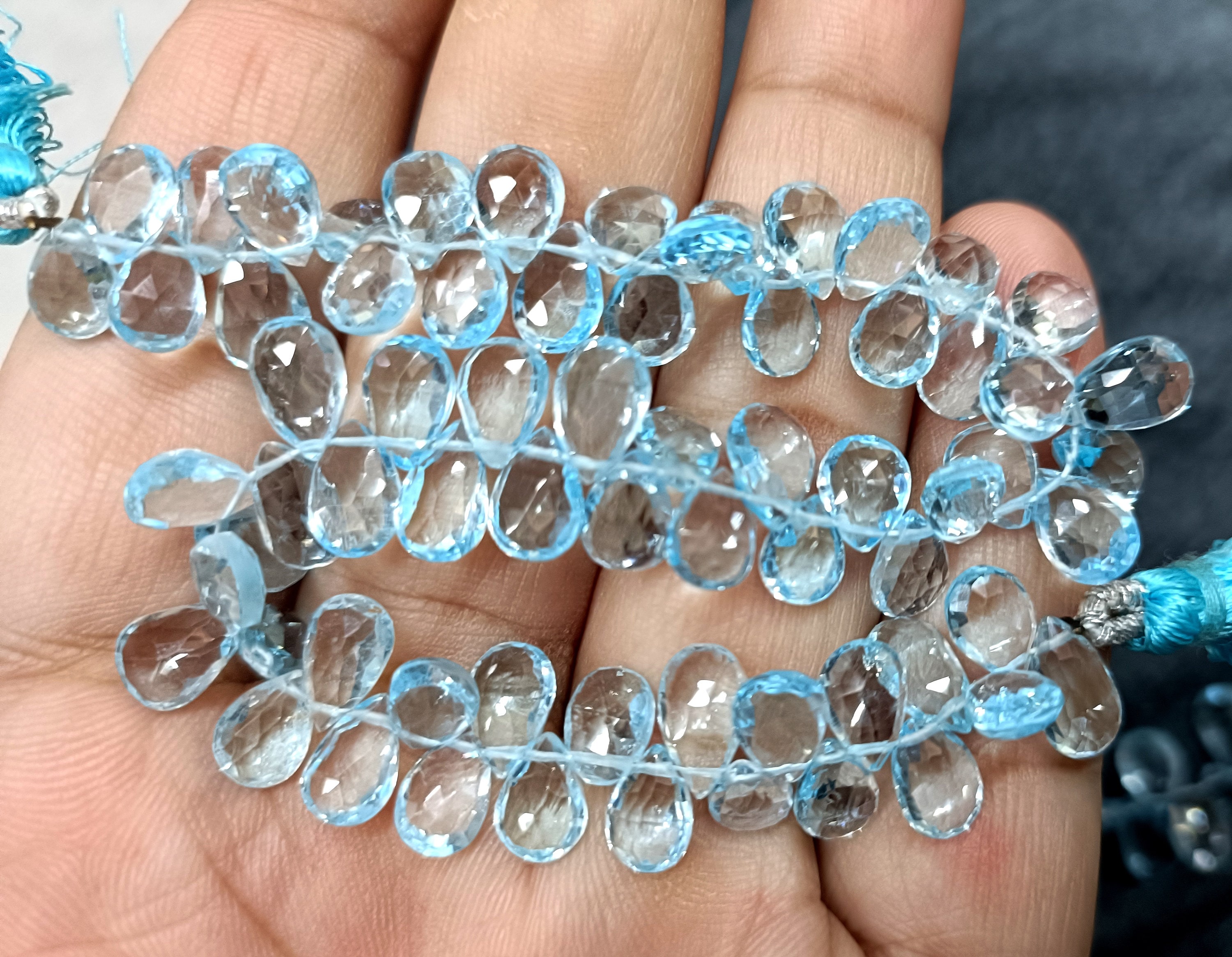 10 Pcs, Finest Quality, Natural Blue Topaz Faceted Pear Shape Briolettes, Size 10-11mm,