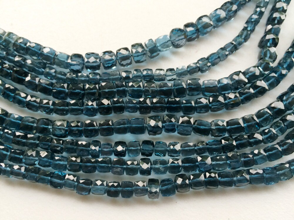 5mm London Blue Topaz Faceted Cube Beads, Natural London Blue Topaz Box Beads, Original London Blue Topaz For Jewelry (2in To 8in Options)