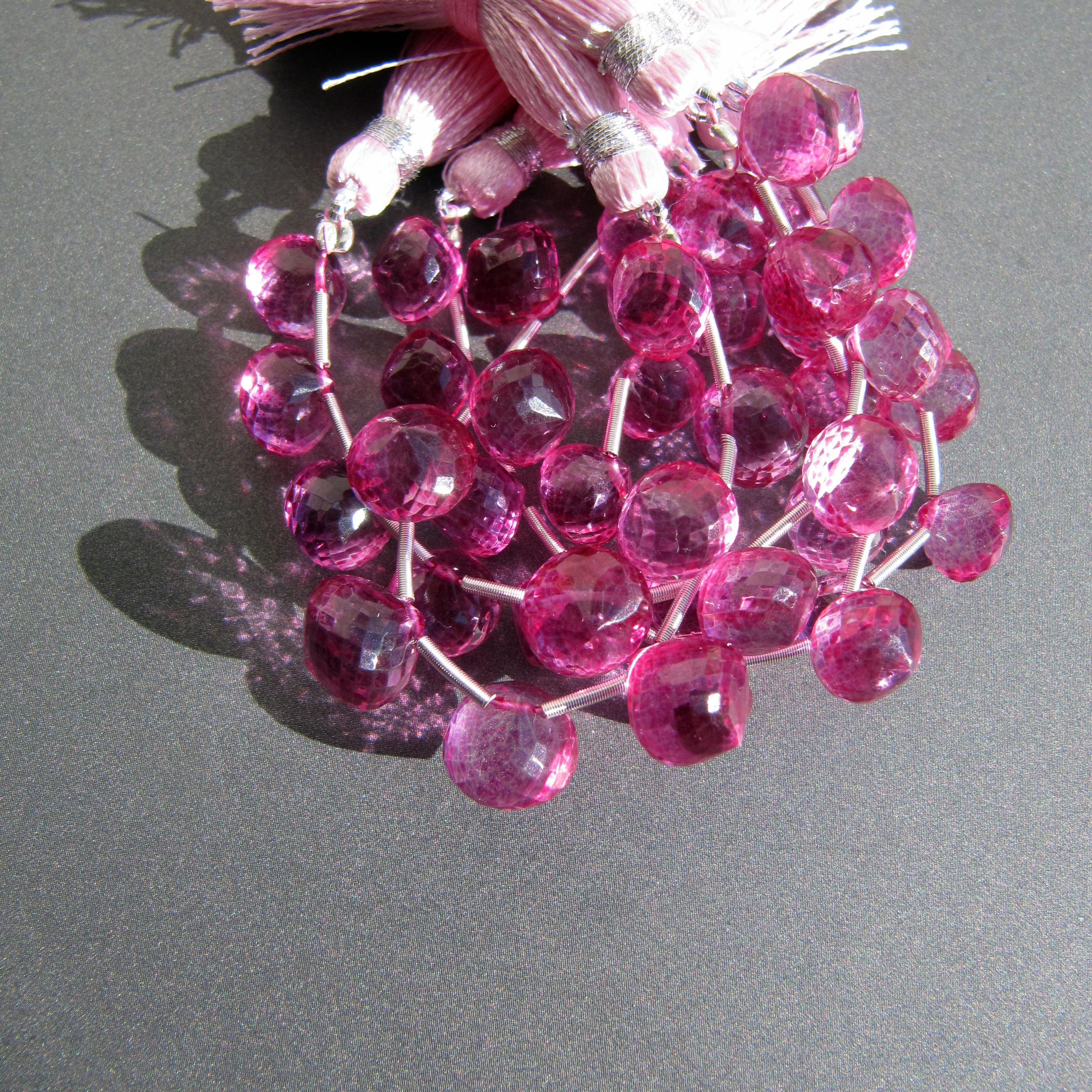 Pink Topaz Onion Shaped Drop Beads • 7mm 8mm 9mm Choose Size • Aaa Micro Faceted Cross Drilled • Treated Natural Gemstone • Hot Pink Fuchsia