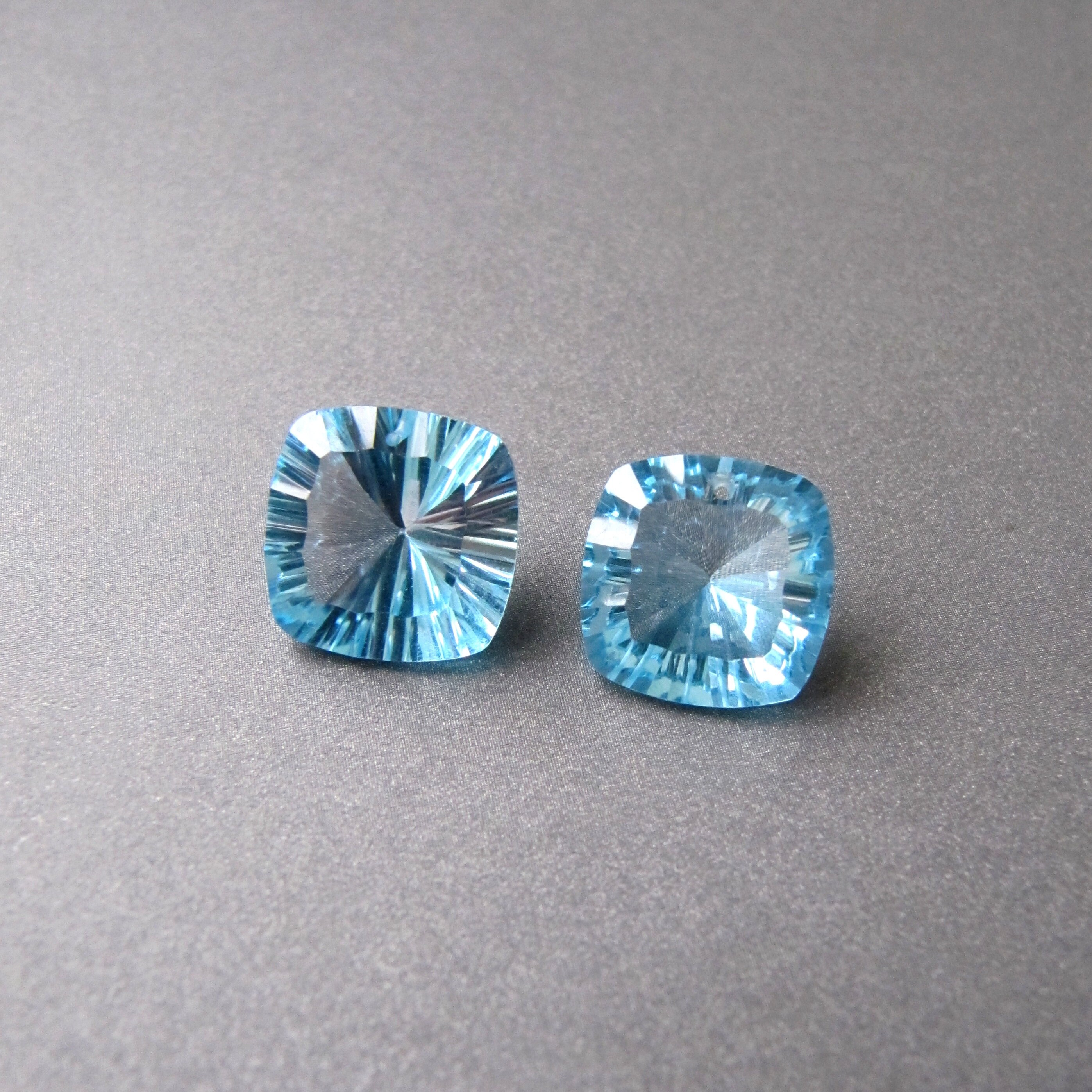 Square Swiss Blue Topaz Briolettes Drilled Front To Back • 1 Pair • 13mm • Use 26ga • Natural Gemstone • Sparkling Vivid Blue