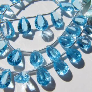 Swiss blue topaz briolettes • 8-10x7mm • Pan cut micro faceted beads • Bright blue • Natural gemstone beads