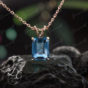 8x11mm emerald cut London blue topaz necklace solid rose gold unique solitaire Pendant women Personalized Gemstone Necklace Gift anniversary
