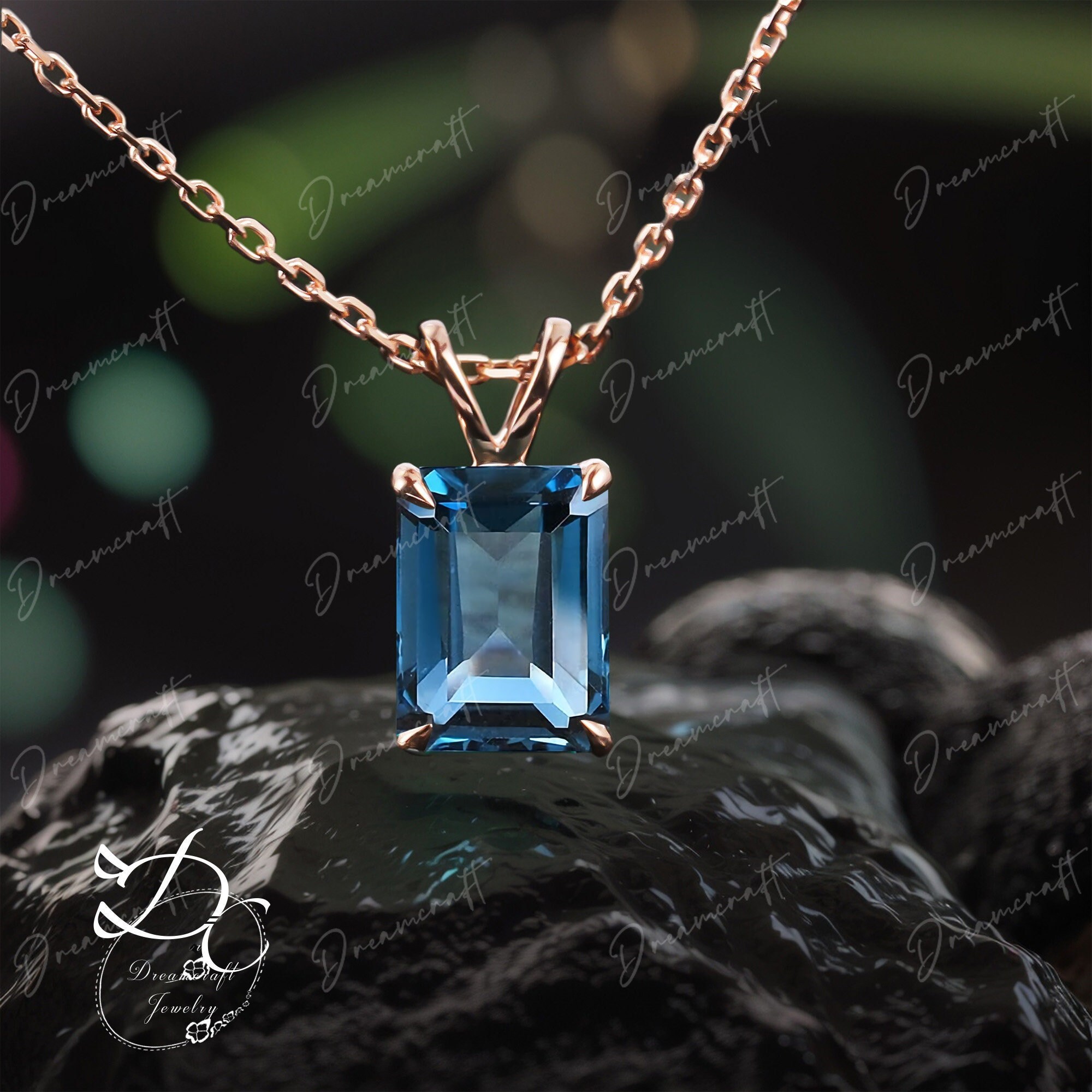 8x11mm Emerald Cut London Blue Topaz Necklace Solid Rose Gold Unique Solitaire Pendant Women Personalized Gemstone Necklace Gift Anniversary 8x11mm Emerald Cut London Blue Topaz Necklace Solid Rose Gold Unique Solitaire Pendant Women Personalized Gemstone Necklace Gift Anniversary