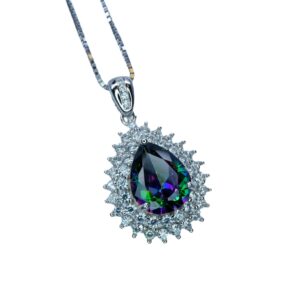 Double Halo Mystic Topaz Necklace - 18kgp Sterling Silver - 3 Ct Eardrop Rainbow Mystic Topaz Pendant - Gemstone Pear Layered #490