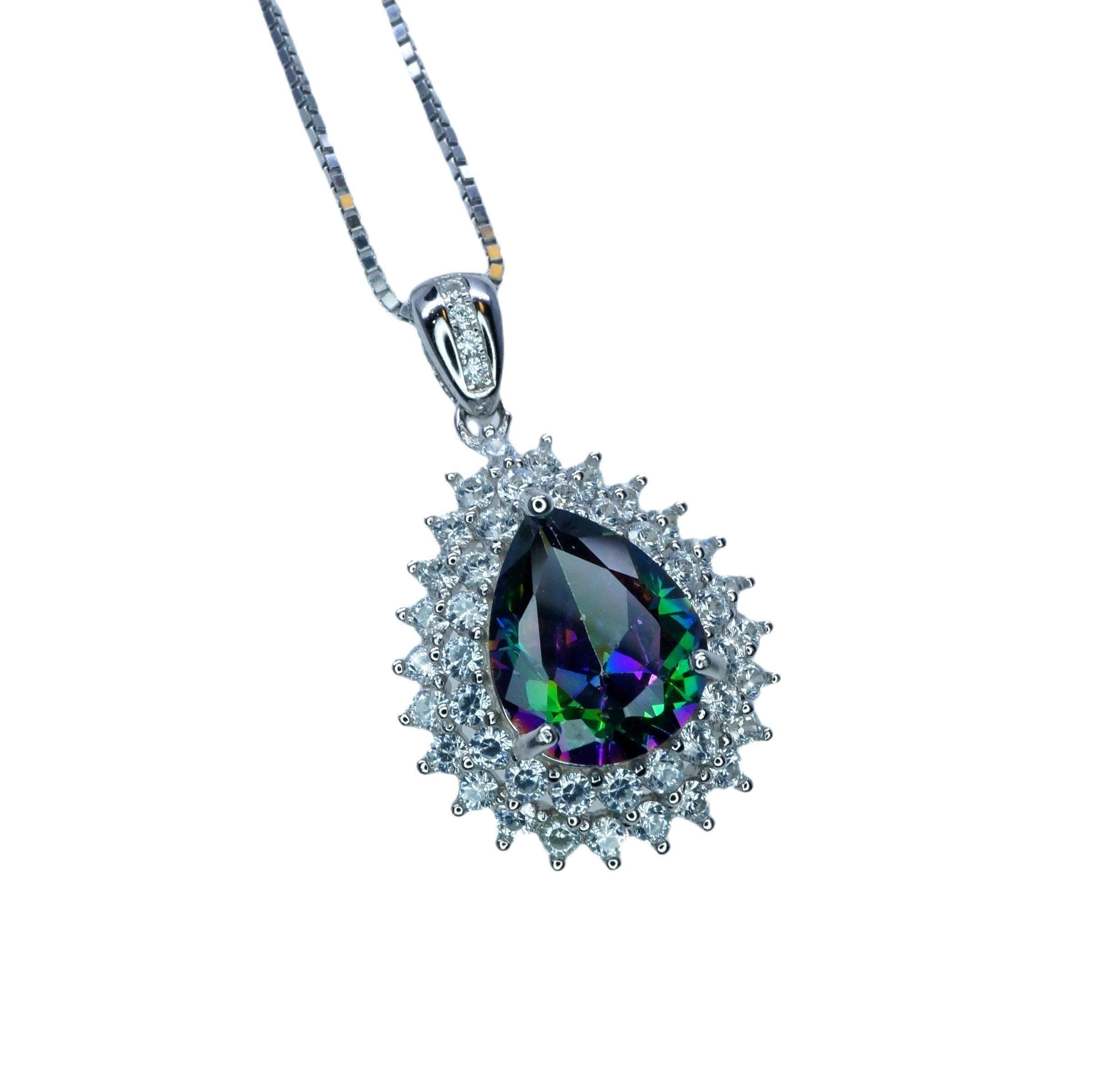 Double Halo Mystic Topaz Necklace - 18kgp Sterling Silver - 3 Ct Eardrop Rainbow Mystic Topaz Pendant - Gemstone Pear Layered #490 Double Halo Mystic Topaz Necklace - 18kgp Sterling Silver - 3 Ct Eardrop Rainbow Mystic Topaz Pendant - Gemstone Pear Layered #490