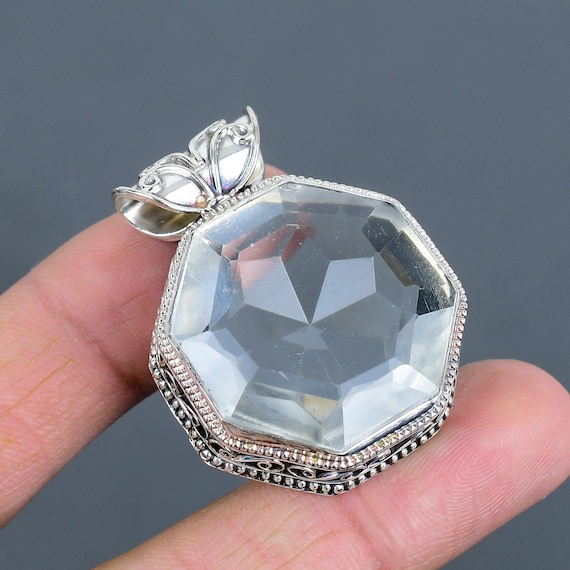 Faceted White Topaz Pendant: Vintage 925 Sterling Silver Handmade Jewelry
