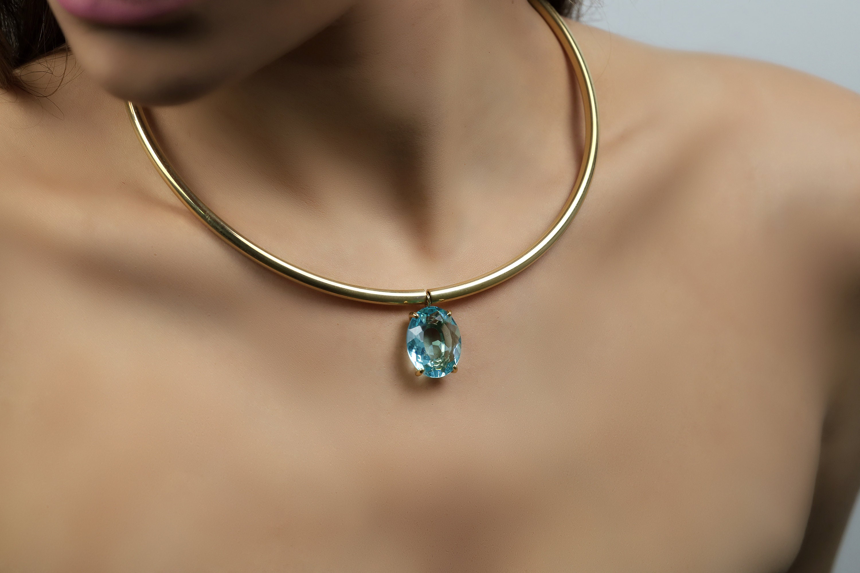 Gold Tribal Necklace · Blue Topaz Pendant · November Birthstone Statement Choker · Custom Tubes Pendant Necklace For Women