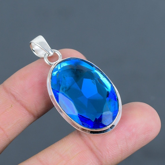 Handmade Faceted London Blue Topaz Pendant: 925 Sterling Silver Jewelry