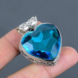 Handmade Heart Swiss Blue Topaz Pendant: 925 Sterling Silver Vintage Jewelry