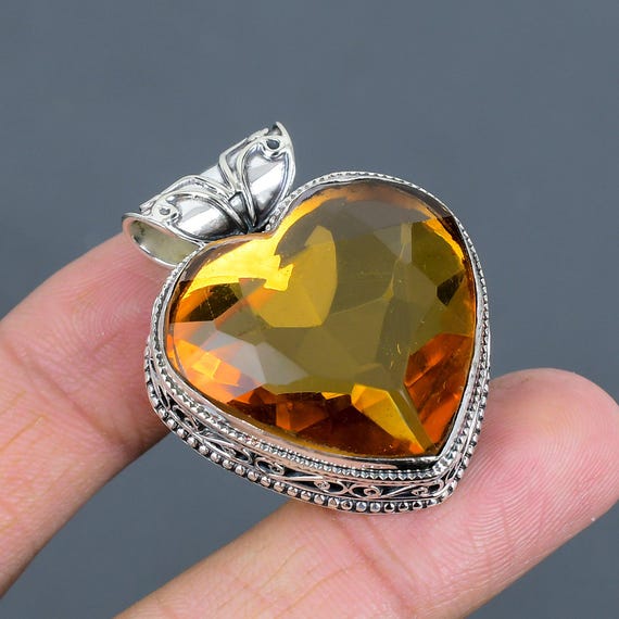 Handmade Heart Whiskey Topaz Pendant: 925 Sterling Silver Boho Jewelry