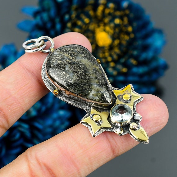 Handmade Marcasite Pendant: Sterling Silver, Swiss Blue Topaz Gemstone Handmade Marcasite Pendant: Sterling Silver, Swiss Blue Topaz Gemstone