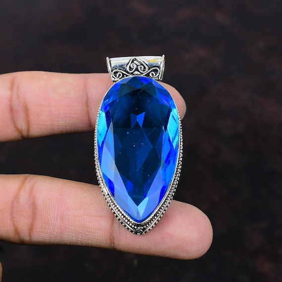 Handmade Pear Swiss Blue Topaz Pendant: 925 Sterling Silver Gemstone Jewelry