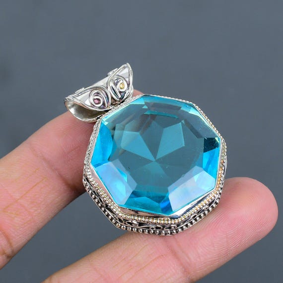 Handmade Swiss Blue Topaz Pendant: Octagon Sterling Silver Boho Jewelry