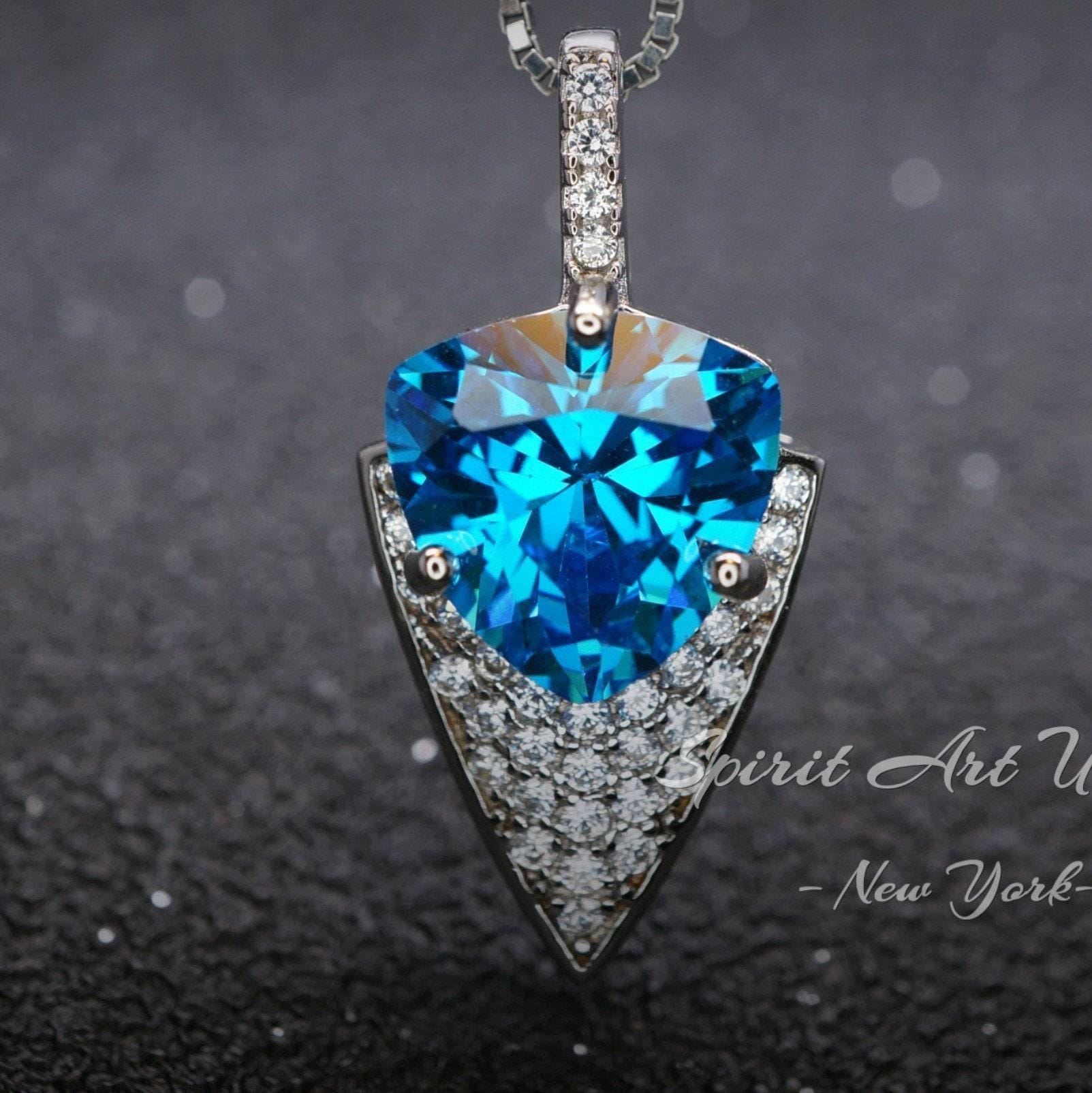 Large Blue Topaz Necklace - Trillion Cut - Blue Topaz Pendant - 18kgp Sterling Silver - Protective Queen's Guard Sword #760