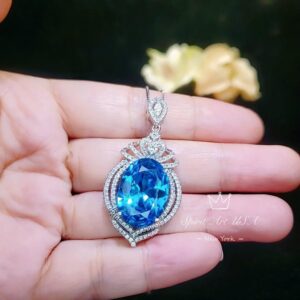 Large Blue Topaz Sterling Silver Necklace 14 Ct Oval Swiss Blue Topaz Pendant Sim Gemstone White Gold Coat Royal Crown #918