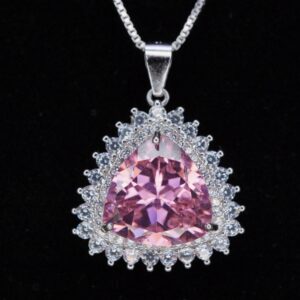 Large Triangle Pink Topaz Necklace, Sterling Silver Gemstone Trillion Pink Gemstone 7 Ct Pendant White Gold Plated #721