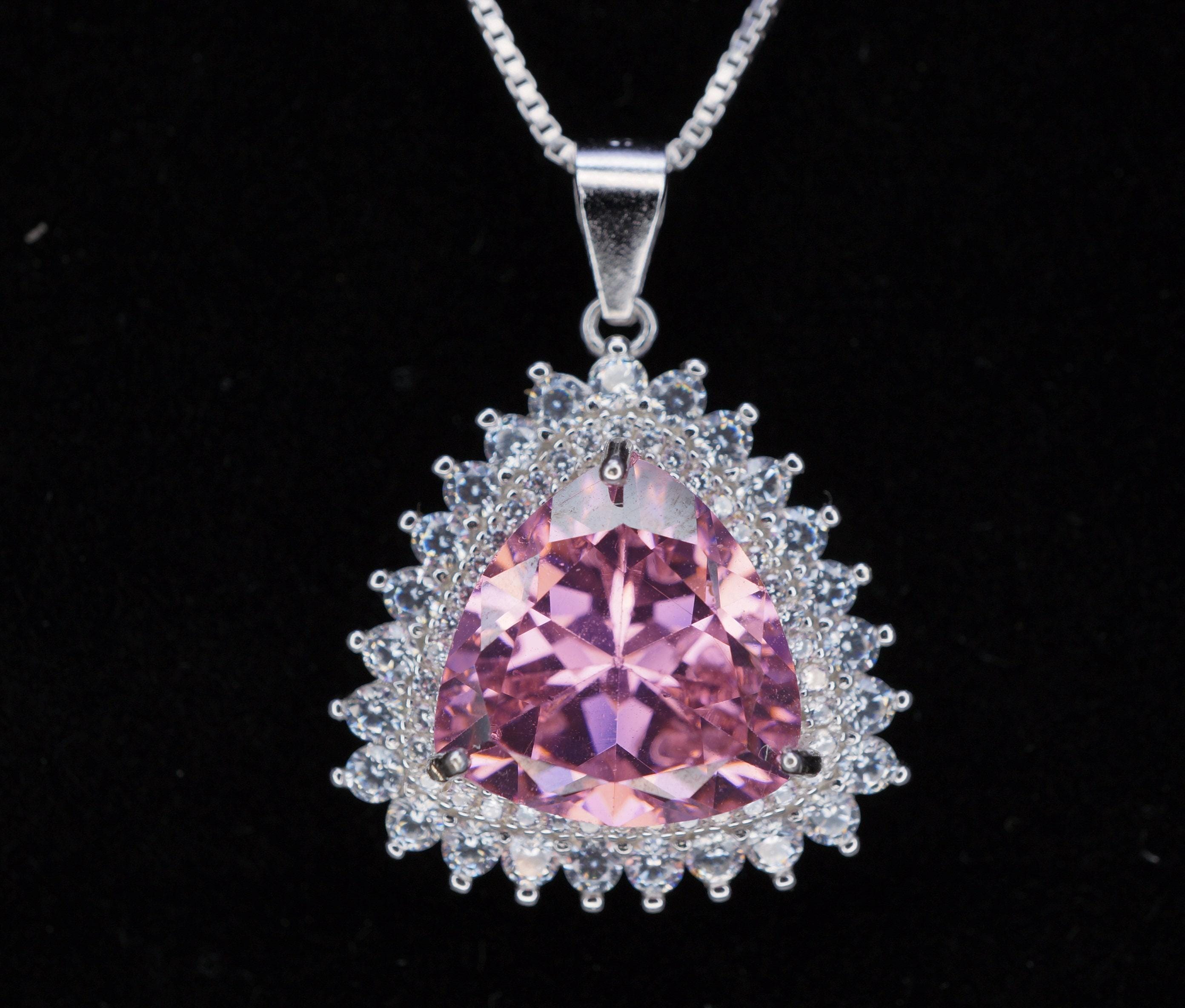 Large Triangle Pink Topaz Necklace, Sterling Silver Gemstone Trillion Pink Gemstone 7 Ct Pendant White Gold Plated #721