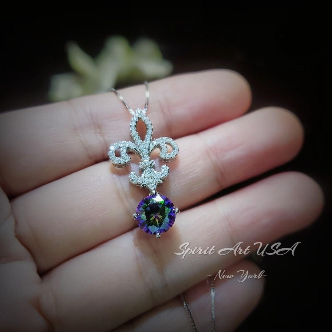 Mystic Topaz Necklace - Gemstone Kite Flower Pendant - 18kgp @ Sterling Silver - 2.2 Ct Round Rainbow Topaz Jewelry #405 Mystic Topaz Necklace - Gemstone Kite Flower Pendant - 18kgp @ Sterling Silver - 2.2 Ct Round Rainbow Topaz Jewelry #405