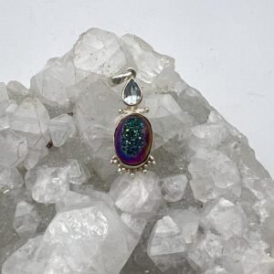 Petite Titanium Quartz Crystal Druzy and Blue Topaz Pendant