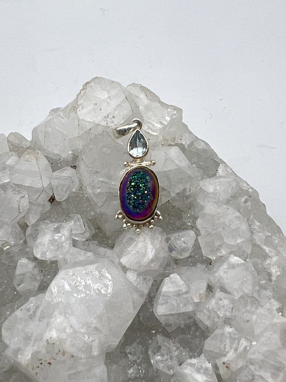 Petite Titanium Quartz Crystal Druzy And Blue Topaz Pendant