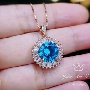 Rose Gold Blue Topaz Necklace - Sterling Silver Sunshine Large 4 Ct Round Blue Topaz Pendant - November Birthstone Topaz Jewelry #529