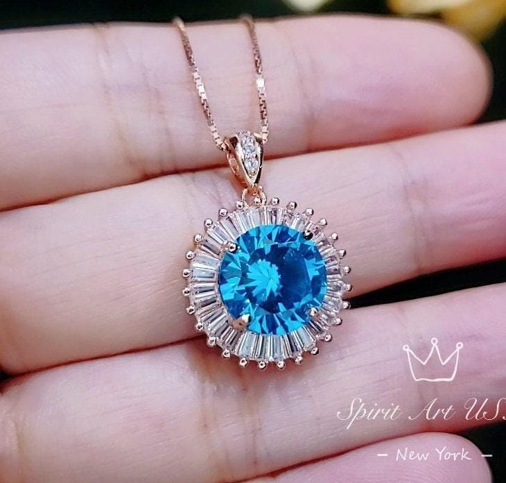 Rose Gold Blue Topaz Necklace - Sterling Silver Sunshine Large 4 Ct Round Blue Topaz Pendant - November Birthstone Topaz Jewelry #529