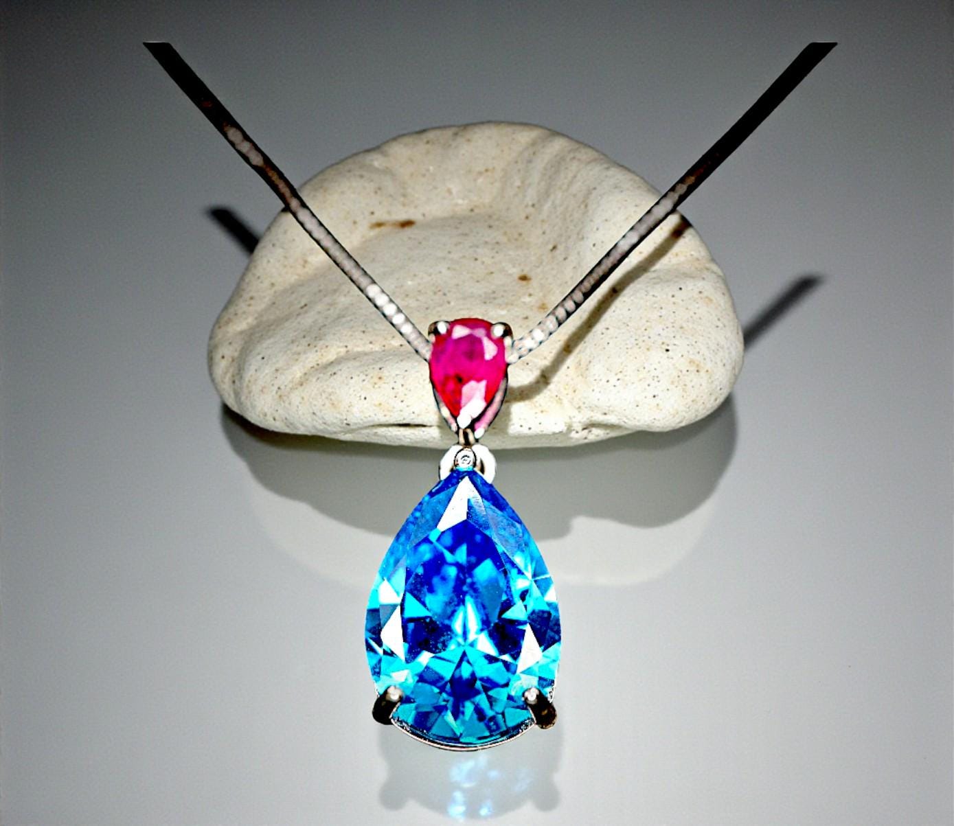 Teardrop Topaz Necklace Sterling Silver 6 Ct 18k White Gold Plated Lab Created Swiss Blue Blue Topaz Pendant #782