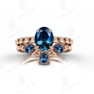 14k Gold London Blue Topaz Engagement Ring Set For Women Art Deco Blue Gemstone Leaf Ring Set Oval Cut Blue Topaz 2 Pcs Wedding Ring Set 14k Gold London Blue Topaz Engagement Ring Set For Women Art Deco Blue Gemstone Leaf Ring Set Oval Cut Blue Topaz 2 Pcs Wedding Ring Set