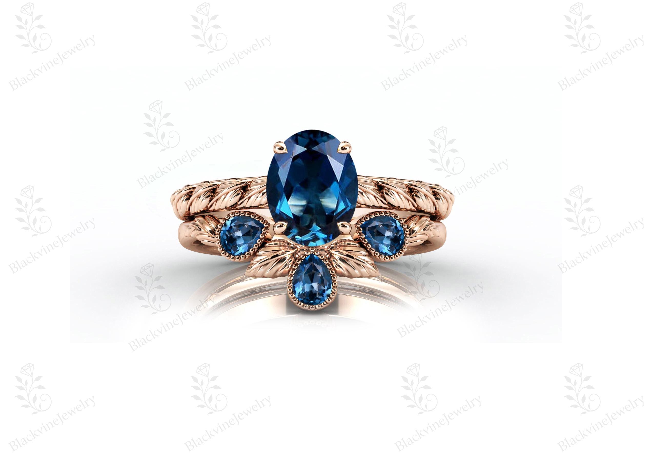 14k Gold London Blue Topaz Engagement Ring Set For Women Art Deco Blue Gemstone Leaf Ring Set Oval Cut Blue Topaz 2 Pcs Wedding Ring Set